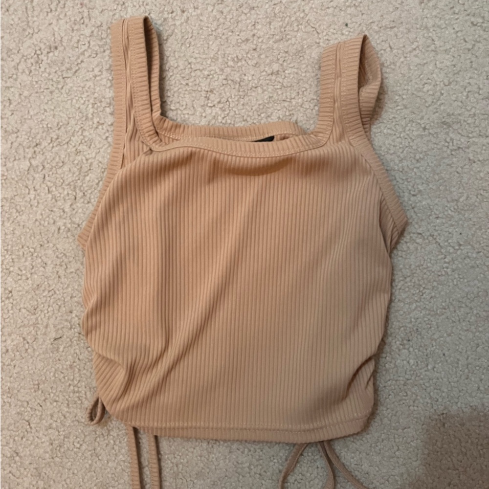 Beige crop top with ruching on each side